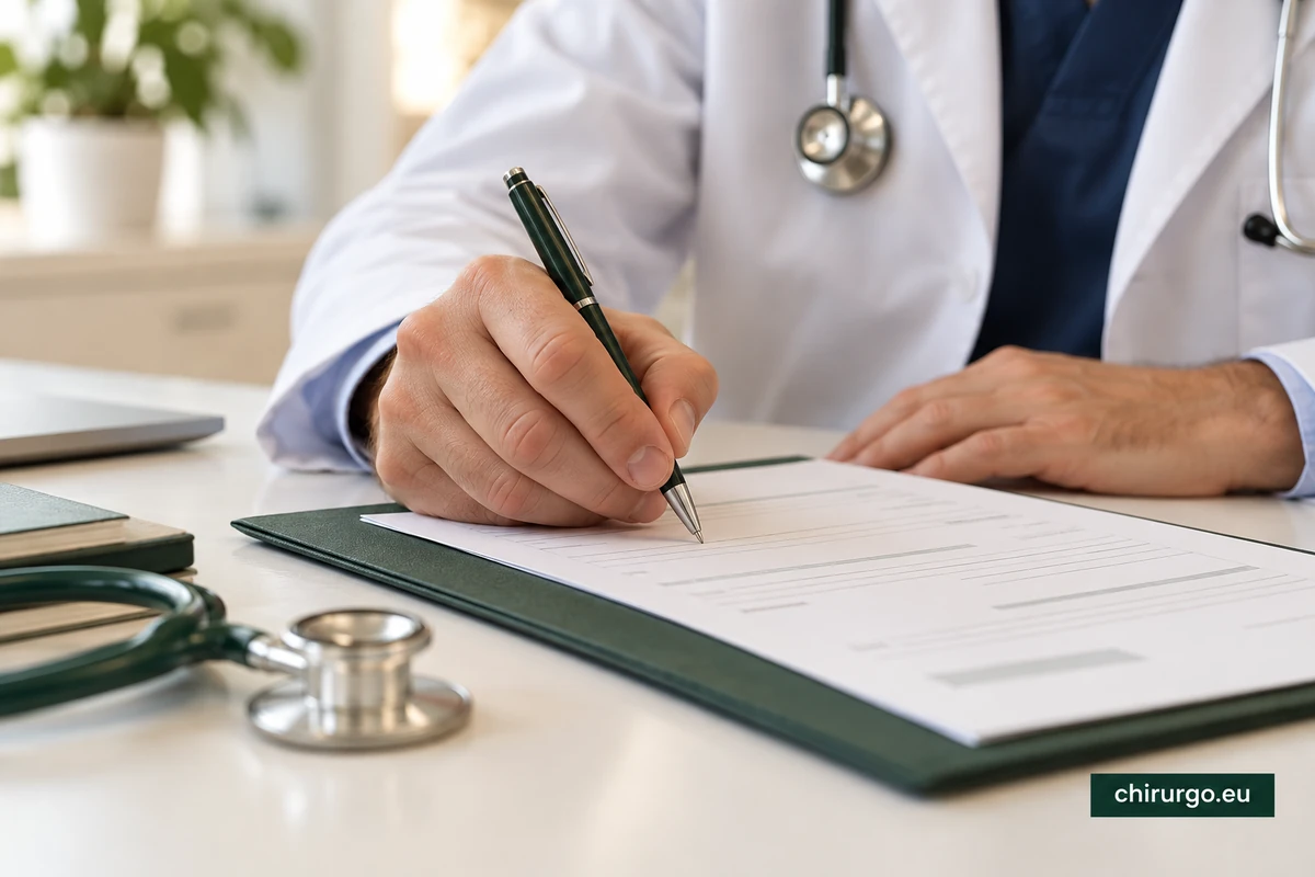 Fotografia illustrativa di una mano che compila un documento medico senza dati personali